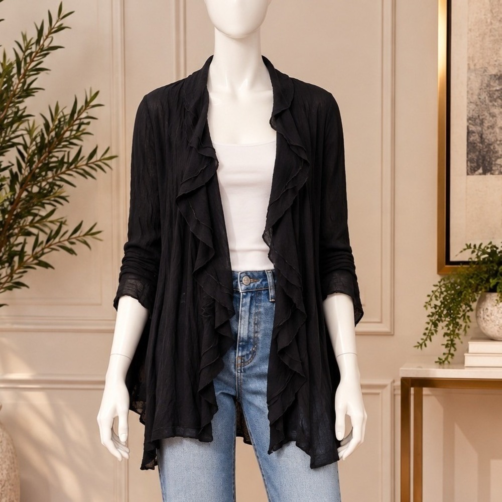 Fever Women Cardigan Black Solid Ruffle Open Front Size Medium